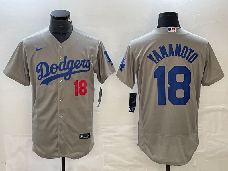 Men Los Angeles Dodgers #18 Yamamoto Grey Nike Elite MLB Jersey style 2